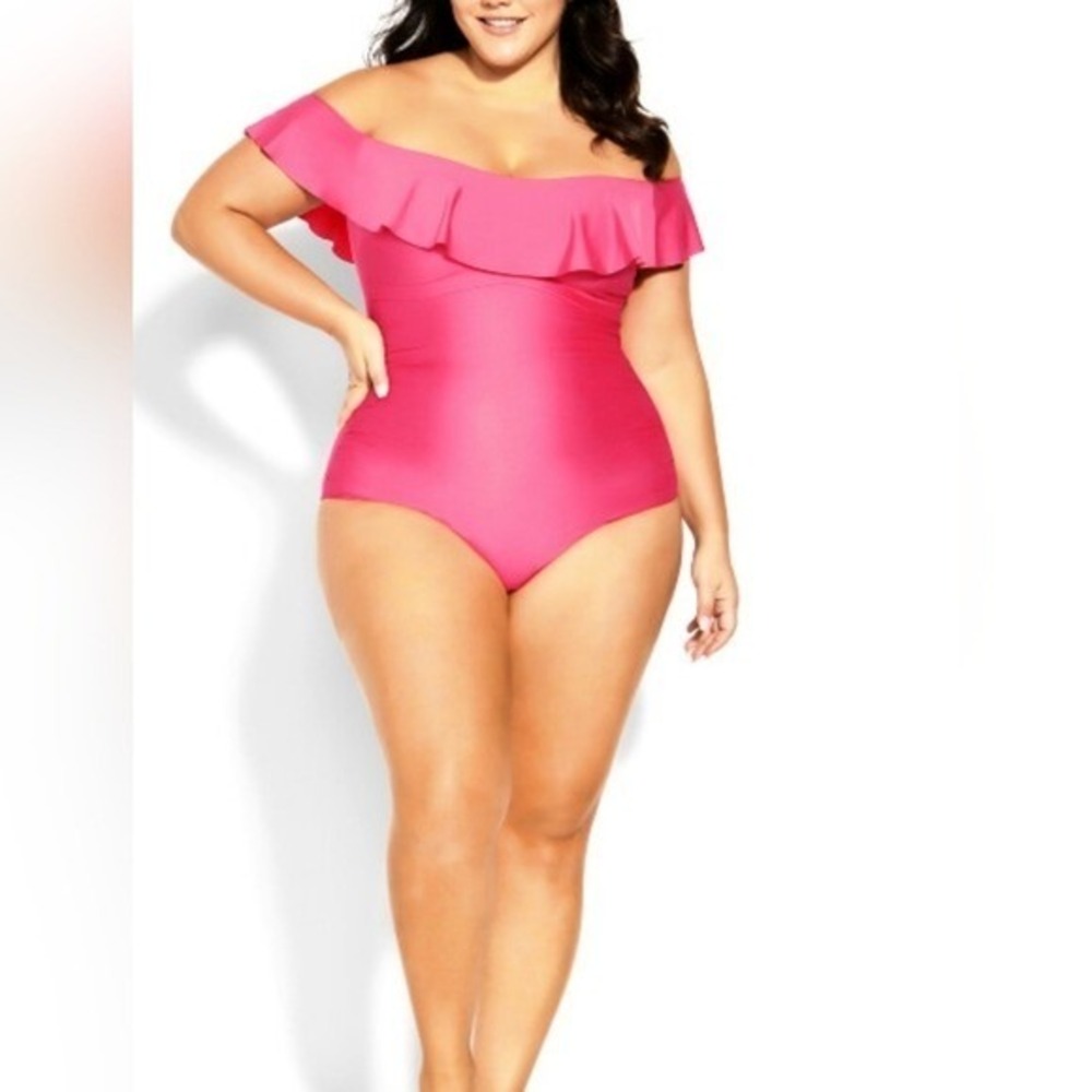 City Chic Swimsuit NEW Plus 18 2X Pink Ruffle Off-Shoulder 1 Piece Swim Suit NWT
